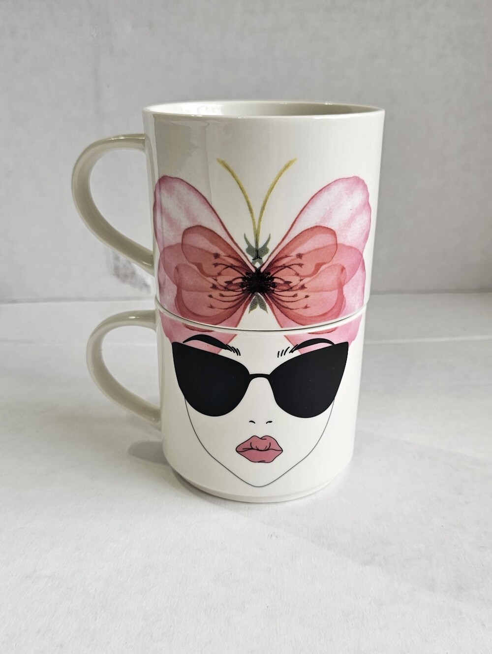 Stackable Ceramic Mug Set with Pink Butterfly & Sunglasses Design - 2pcs